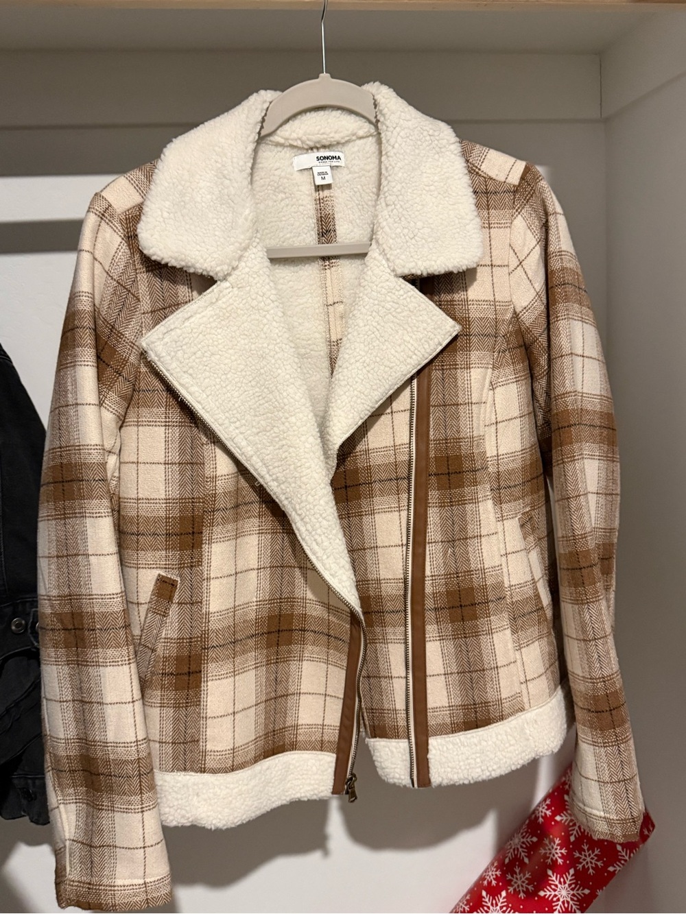 Sonoma Cream & Brown Plaid Sherpa-Lined Moto Jacket
